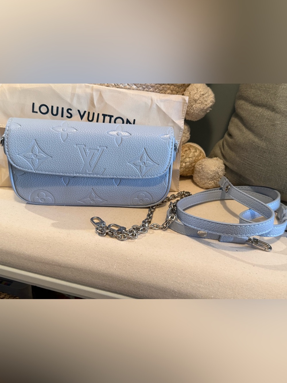 L*V  Powder Blue Embossed Monogram Crossbody Bag